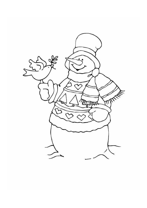 Coloriage bonhomme de neige avec oiseau