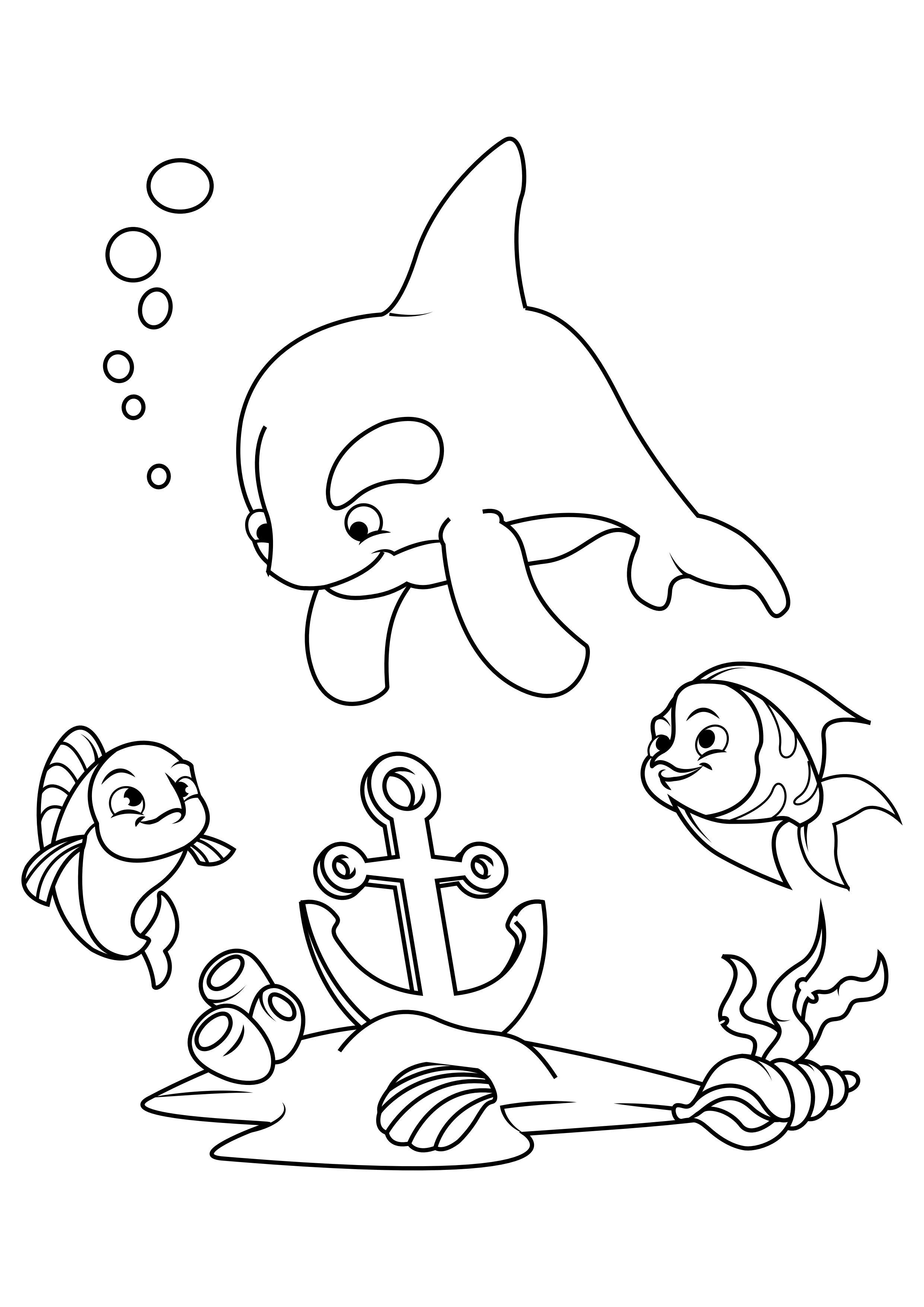 Coloriage dauphin et poisson avec ancre