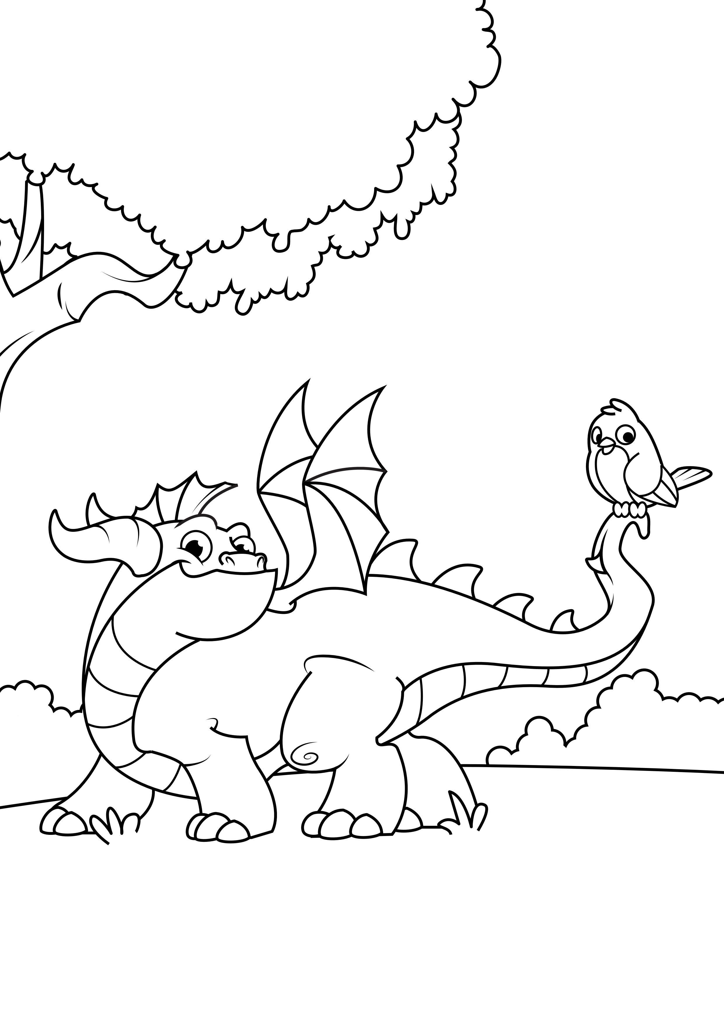 Coloriage dragon avec oiseau