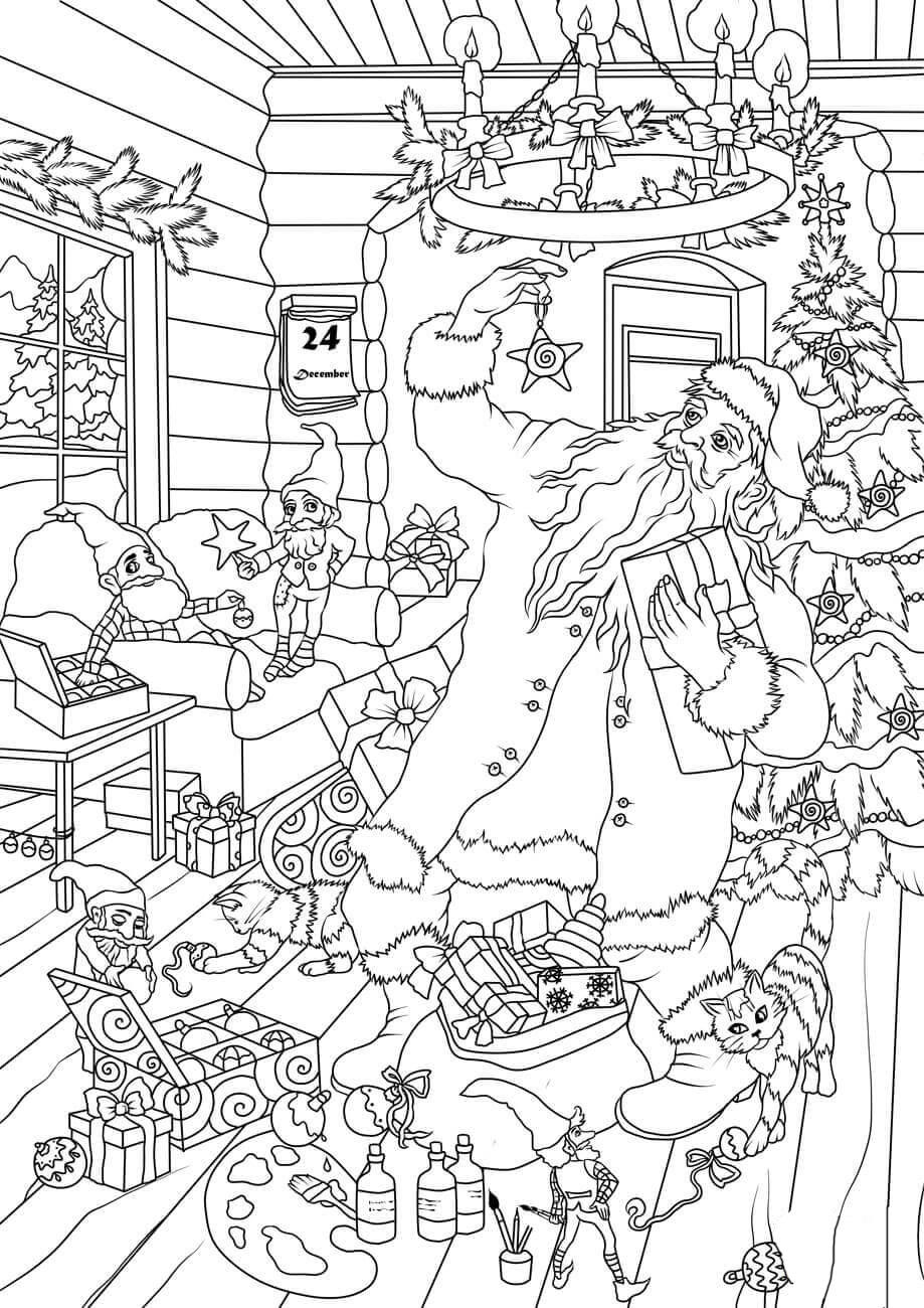 Coloriage le pA¨re noA«l et les lutins choisissent des forfaits