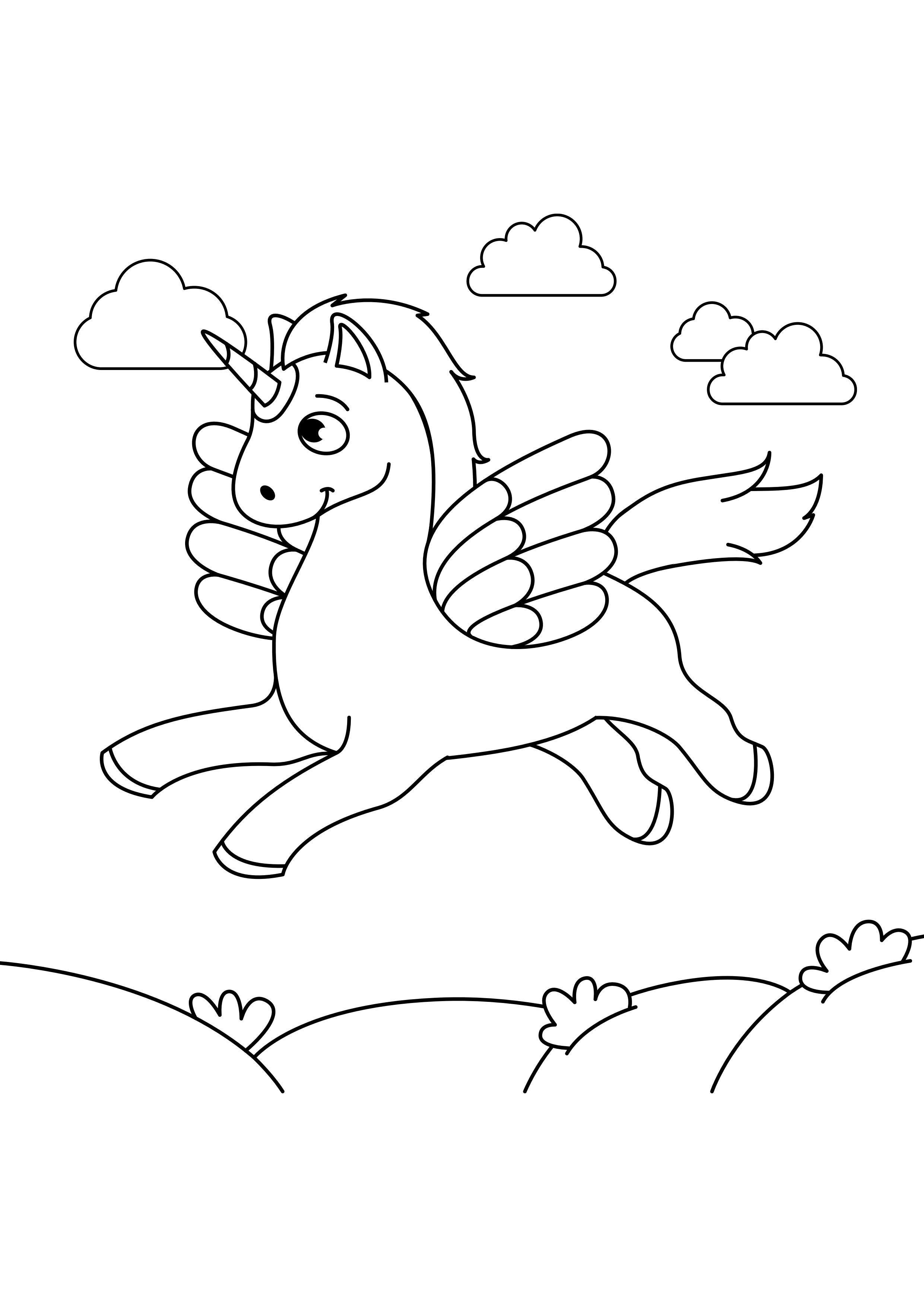 Coloriage licorne vole dans le ciel