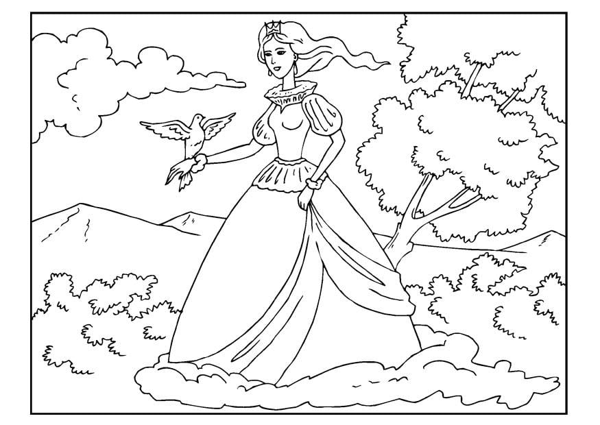 Coloriage princesse avec pigeon