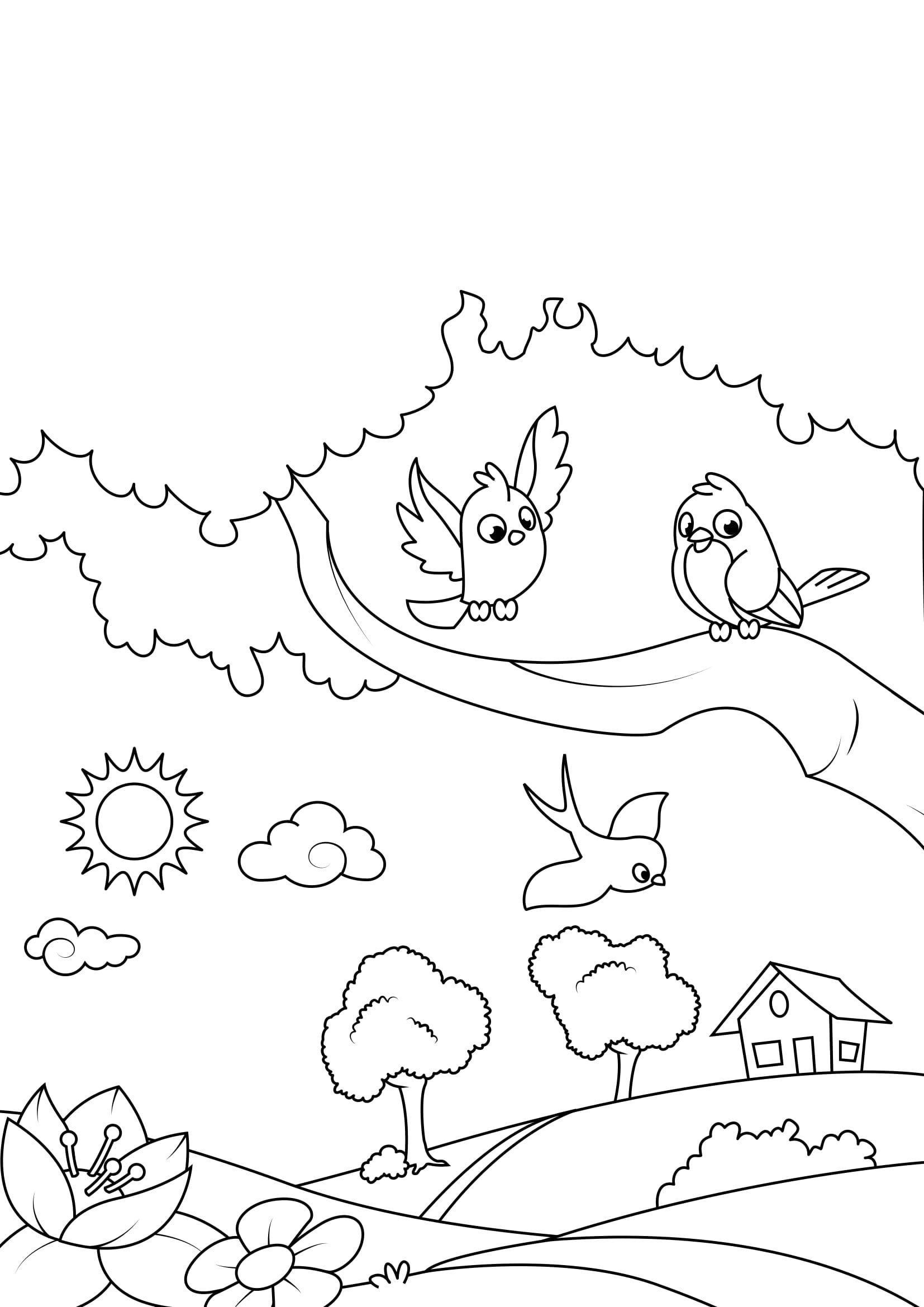 Coloriage printemps, oiseaux dans le jardin