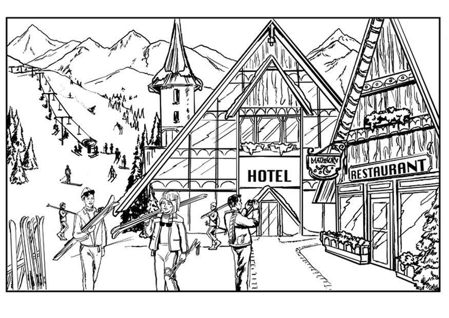 Coloriage skier - chalet