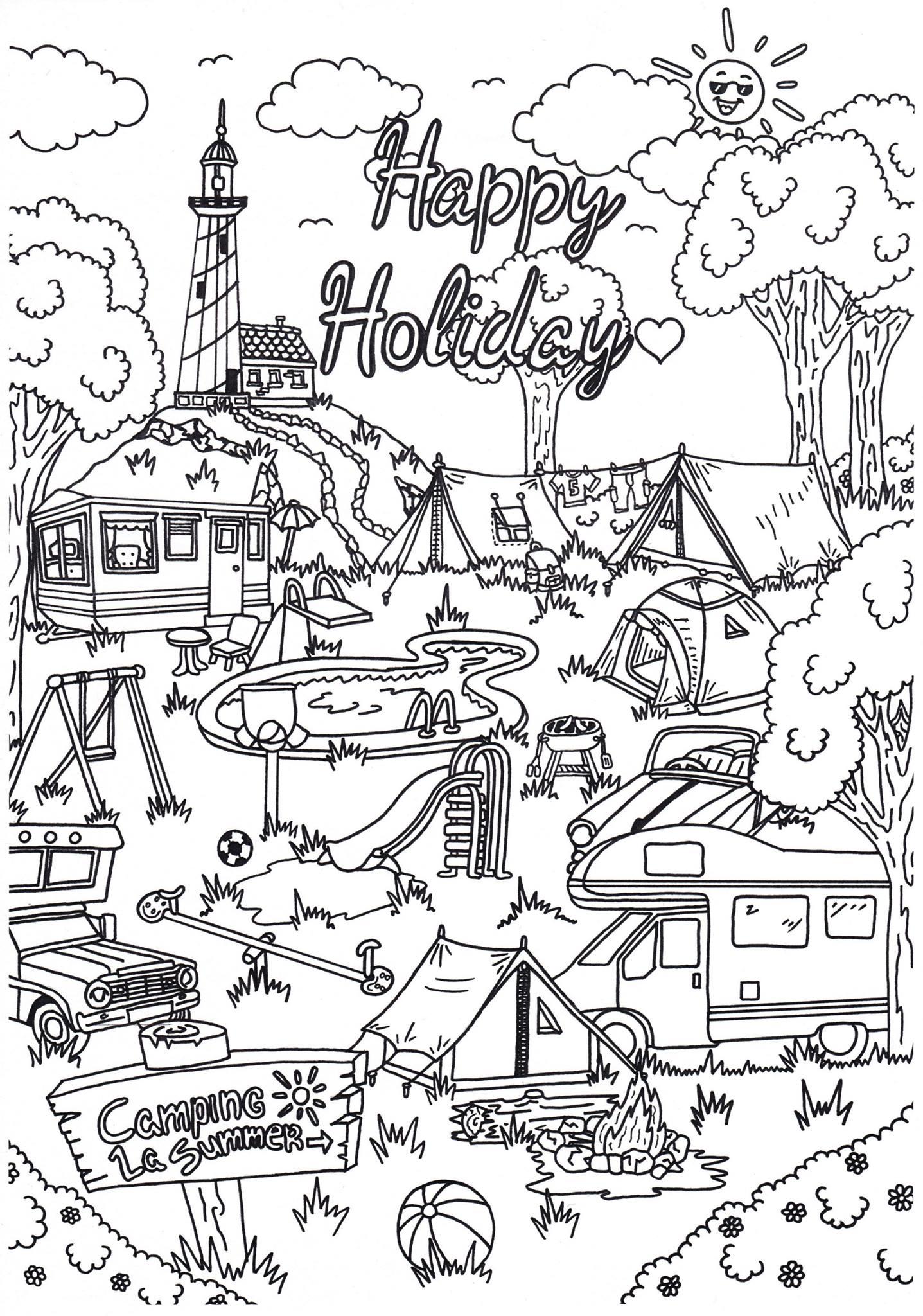 Coloriage vacances en camping